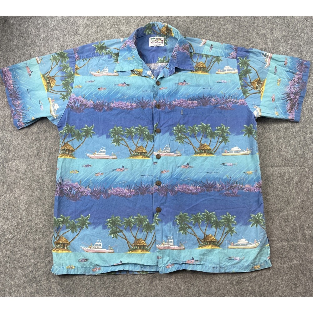 VTG Ron Anderson Kahala Shirt Men XL Camp Hawaiian Island Fishing Underwater USA